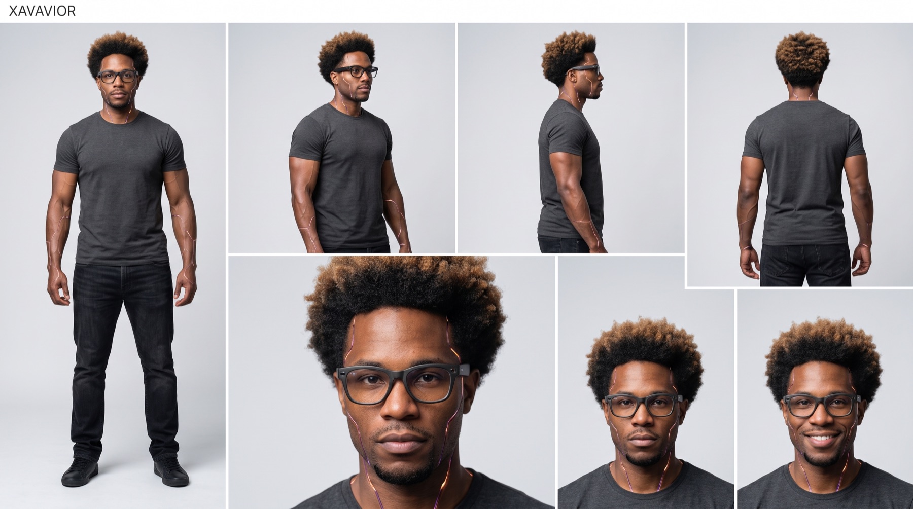 Xavavior character reference sheet: front, three-quarter, side, and back views plus a headshot and expressions